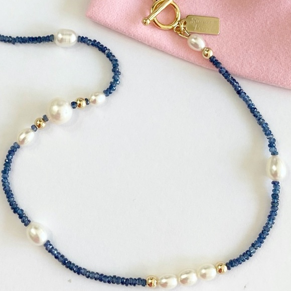 Freshwater Pearl, Sapphire & 14K Gold Necklace - Picture 4 of 8